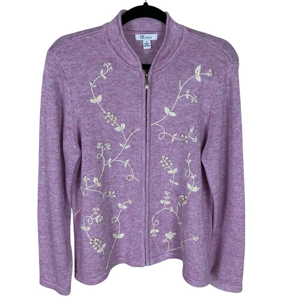 Women's The Tog Shop Pink Purple Floral Embroidered Beaded Full Zip Sweater L